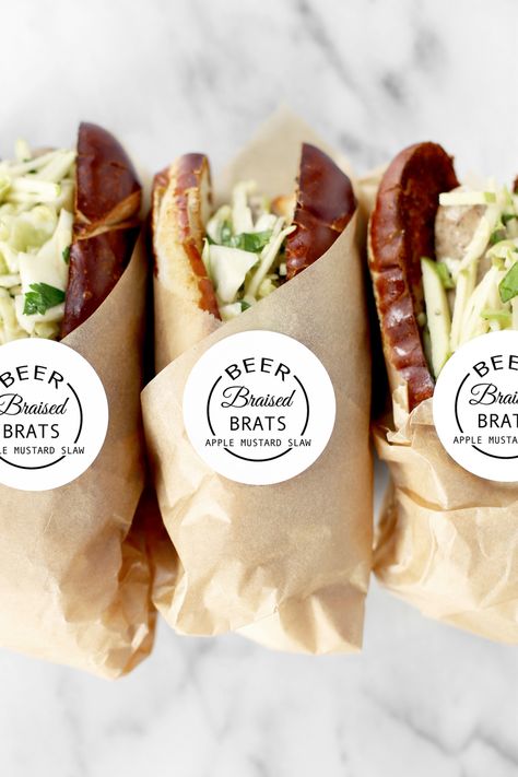 Beer Braised Brats with Apple Mustard Slaw And Free Printables — DIY Blog - DIY Ideas | Kristi Murphy Mustard Slaw, Apple Mustard, Beer Tasting Parties, Sandwich Packaging, Slaw Recipe, Sandwich Bar, Doner Kebab, Party Dishes, Sandwich Shops