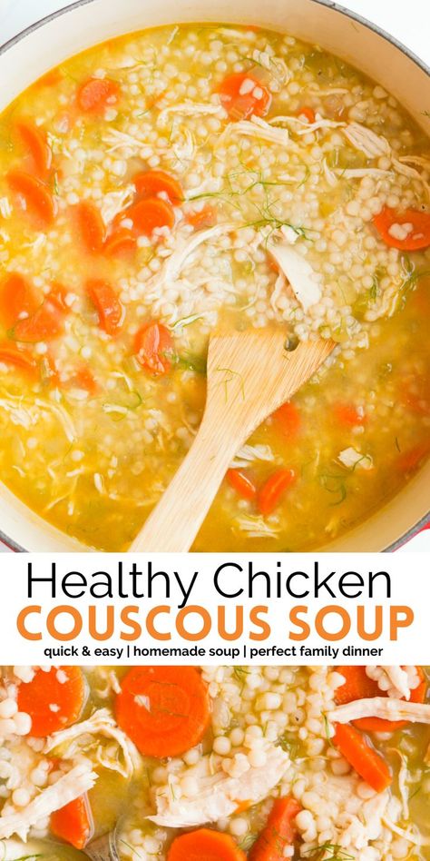 Chicken Couscous Soup is a warming soup full of protein & veggies! Made with Israeli or pearl couscous, vegetables, shredded chicken, and fresh dill … this healthy stovetop soup is hearty and delicious. Perfect family dinner on cold nights! Chicken Couscous Soup, Couscous Vegetables, Stovetop Soup, Couscous Soup, Pearl Couscous Recipes, Sick Food, Chicken Soup Recipes Easy, Healthy Chicken Soup, Easy Chicken Soup