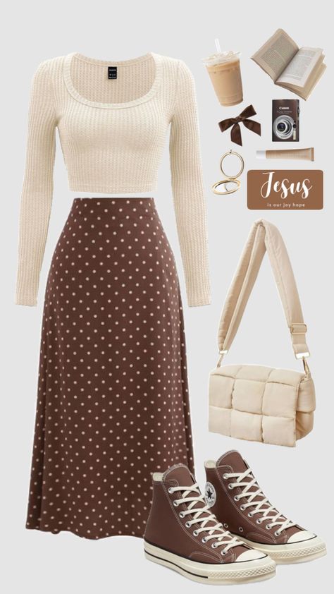 #brown #brownaesthetic #skirt #neutral #ootd #casual #churchoutfit #modestfashion #spring #summer #outfitinspo #schoolfit #fashion Modest Girly Outfits, Modest Outfit Ideas, Stile Hijab, Modest Outfit, Modesty Outfits, Cute Modest Outfits, Modest Dresses Casual, Casual Day Outfits, Modest Fashion Outfits