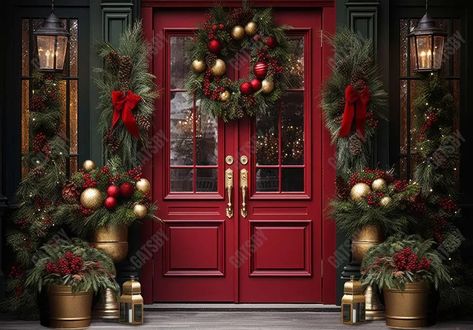 Red Christmas Door Backdrop - Gatsby Backdrop Christmas French Doors, Christmas Patio Door, Christmas Front Porch Double Doors, Garland On One Side Of Door, Vintage Christmas Door Decorations, Red And White Christmas Lights Outdoor, Christmas House Outside, Christmas Wedding Reception Ideas, Christmas Decorations Front Porch