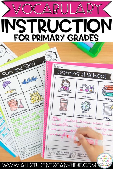 When teaching new vocabulary to early elementary students, it is important to help them make connections. That is why I love doing my vocabulary instruction for primary grades alongside our first grade writing time. Check out this post to see how I integrate the two! Writing Activities For First Grade, Reading Small Groups, Vocabulary Ideas, Word Work Stations, Second Grade Writing, Writing Time, Vocabulary Instruction, Kindergarten Reading Activities, Word Work Centers