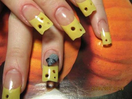 Swiss Cheese Nails | Community Post: The Best Of Hilariously Awkward Nail Art Nail Art Funky, Food Nail Art, Funky Nail Art, Go Pack Go, Crazy Nails, Nail Stuff, Cool Nails, Acrylic Nail Art, Funky Nails