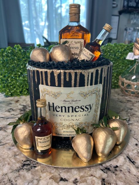 Hennessey Theme Party Ideas, Hennessey Cake For Men, Hennessy Cake For Him, Liquor Cake Ideas, Hennessy Birthday Cake, Henny Cake, Alcoholic Cake, Hennessey Cake, Polo Cake