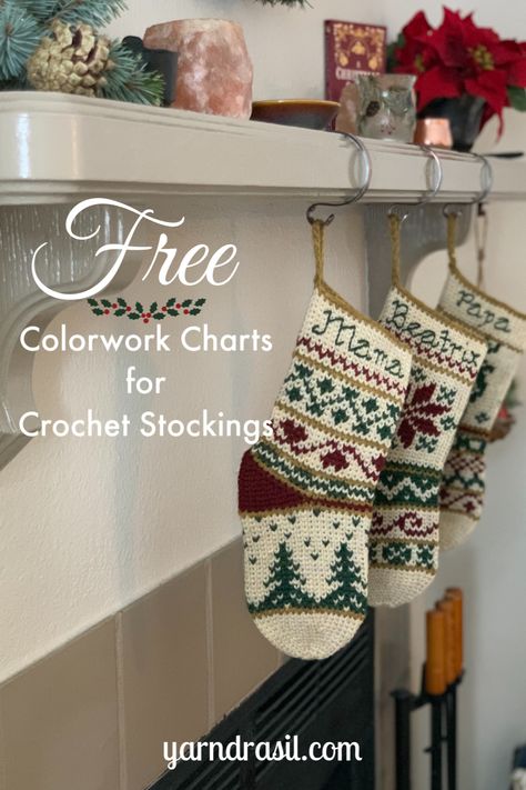 These vintage inspired colorwork charts are perfect if you're looking to create a beautiful crocheted family heirloom. These stocking charts incorporate the Selburose, a snowy tree scene, a reindeer, and traditional fair isle patterns. Free PDF download at link. #stockings #crochet #yarndrasil Knit Or Crochet Christmas Stocking, Fair Isle Stocking Pattern, Free Crochet Patterns Christmas Stocking, Free Sewing Patterns Christmas, Crochet Stockings With Names, Vintage Christmas Crochet Patterns, Fair Isle Christmas Stocking, Crochet Fluffy Socks Free Pattern, Mosaic Crochet Christmas Stocking