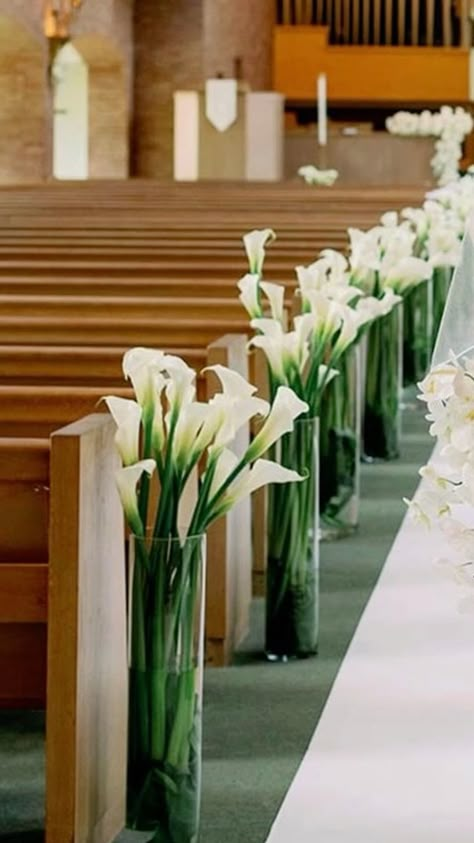 Calla Lillies Wedding, Simple Church Wedding, Wedding Church Aisle, Church Wedding Flowers, Arum Lily, Tulip Wedding, Calla Lily Wedding, Altar Flowers, Aisle Decorations