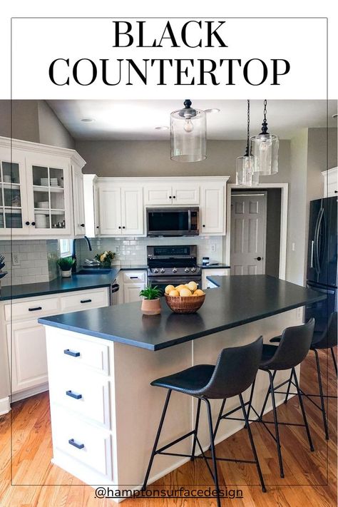 Black Countertop Kitchen Ideas Black Countertops With White Cabinets, Countertop Kitchen Ideas, Kitchen With Black Countertops, Black Kitchen Countertops, Black Countertop, Black Sink, Black Countertops, Steel Appliances, Under Cabinet Lighting