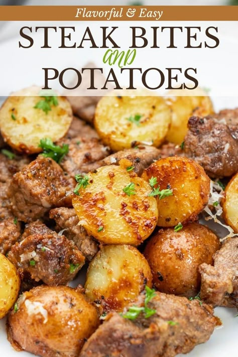 Steak bites and potatoes are the perfect comfort food meal. Tender steak bites are marinated and sautéed to perfection, then paired with crispy potatoes that have been par-baked for the ideal texture. This hearty and satisfying meal is perfect for any day of the week. Steak And Potatoes In Oven, Buttered Steak Bites, Steak Bites And Potatoes, Tender Steak Bites, Stay At Home Chef Recipes, Home Chef Recipes, Crockpot Steak, Steak And Potatoes, Steak Bites Recipe