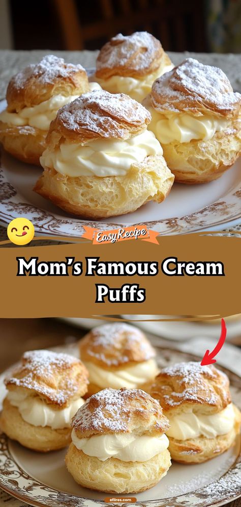 Indulge in the light, airy delight of Mom’s Famous Cream Puffs. These delicate pastries are filled with a smooth, creamy custard that melts in your mouth, encased in a puffy, golden crust that’s just irresistible. #CreamPuffs #PastryDelight #HomemadeDesserts Pastries Recipes Dessert, Cream Puff Recipe, Puff Pastry Desserts, Stick Butter, Puff Recipe, Heirloom Recipes, Caramel Pecan, Sweet Rolls, Sticky Buns