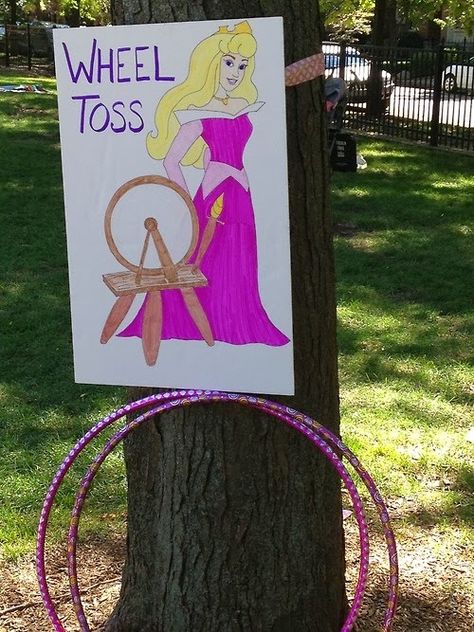 The Princess Birthday Blog: Princess Party Games- Spinning Wheel Toss Disney Princess Party Games, Princess Aurora Party, Disney Party Games, Princess Birthday Party Games, Sleeping Beauty Birthday Party, Princess Party Games, Sleeping Beauty Party, Party Game Ideas, Disney Princess Birthday Party