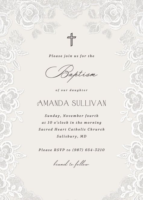 Lovely in Lace - Baptism & Christening Invitation Template | Greetings Island Baptismal Invitation Template Blank, Baptismal Invitation, Christening Invitation Template, Butterfly Birthday Cards, Christening Invitation, Teacher Appreciation Cards, Baptism Ideas, Greetings Island, Thanksgiving Invitation