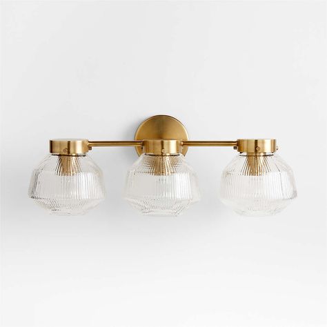 Bathroom Lighting and Vanity Lights | Crate & Barrel Nice Houses, Brass Vanity Light, Vanity Lights Bathroom, Floor Bathroom, Bathroom Sconces, Crate Barrel, Burnished Brass, Gold Bathroom, Ribbed Glass