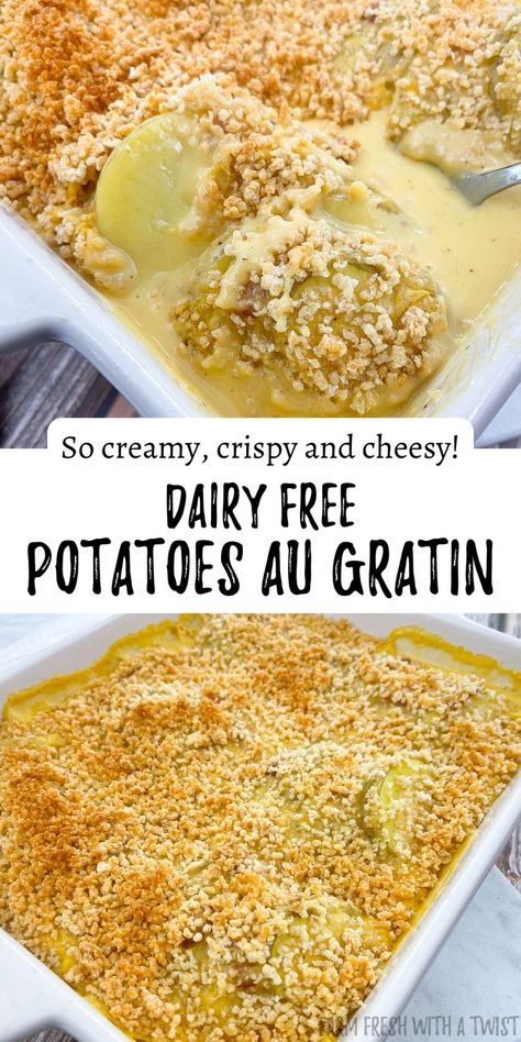 Dairy free and gluten free potatoes au gratin in a baking dish. Dairy Free Potatoes, Breakfast Casserole Dairy Free, Dairy Free Breakfast Muffins, Quick Potatoes, Dairy Free Cheese Sauce, Breakfast Ideas Dairy Free, Casserole Dairy Free, Dairy Free Breakfast Casserole, Muffins Dairy Free