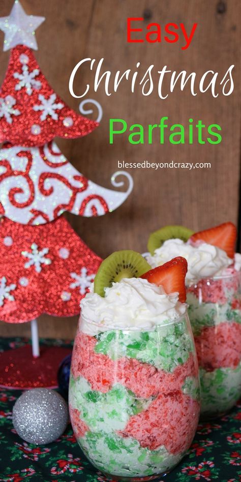 Easy Christmas Parfaits are scrumptious and festive. Perfect for all of your holiday entertaining! #blessedbeyondcrazy #christmas #GlutenFree Christmas Yogurt Parfait Bar, Easy Dessert Parfait, Holiday Parfait Desserts, Christmas Yogurt Parfait, Christmas Parfait Desserts, Easy Fruit Parfait Desserts Cups, Christmas Parfait, Jello Parfait, Xmas Morning