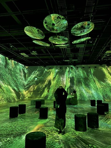 green 💚 aesthetic green light Green Artist Aesthetic, Light Projection Installation, Green Stage Lighting, Green Tint Aesthetic, Interactive Design Installation, Green Light Aesthetic, Interactive Art Wall, Light Museum, Black Light Room