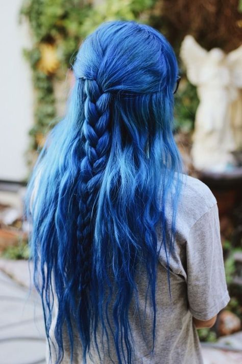 my hair, dyed using Arctic Fox’s Poseidon Blue Hair Ponytail, Arctic Fox Poseidon, Hairstyles Goth, Long Blue Hair, Blue Braids, Fox Hair Dye, Wedding Ponytail Hairstyles, Unique Braids, Hair Color Pastel