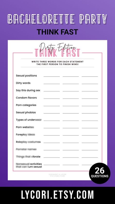 Think Fast Game, Dirty Bachelorette Games, Naughty Games, Adult Party Games, Printable, Instant Download Dirty Bachelorette Party Games, Think Fast Game, Games Couple, Party Games Printable, Bachelorette Party Game, Hen Party Games, Think Fast, Bachelorette Games, Adult Party Games