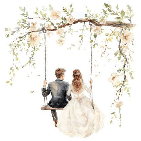 Exceptional value! This clipart collection features 10 exclusive Bride and Groom on Swing images and you will receive all of them in the form of an instant digital download. This bundle is ideal for a wide range of creative projects, such as greeting cards, wall art or decor, invitations, junk journals, backgrounds, apparel, prints, mugs and social media posts - the possibilities are endless! Each clipart piece is an original artwork and can only be bought in my store. *WHAT YOU WILL GET* - You will get 10 high-resolution images in one or more easy to download ZIP files.  - The images are 4096 x 4096 pixels, JPG format.  - These files have a plain WHITE background and are NOT transparent.  - The preview images on this page have watermarks, but you will receive the original files without wa Bride And Groom Clipart, Wildflower Drawing, Stationary Design, Everlasting Love, Watercolor Clipart, Junk Journals, Creative Projects, Romantic Wedding, This Moment