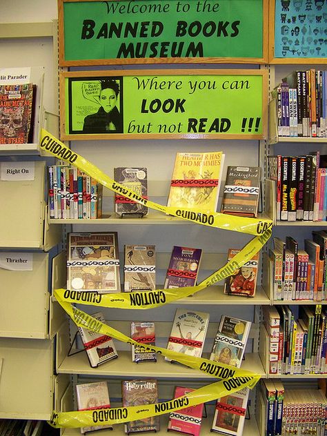 Banned Books Week Display, School Library Book Displays, Library Humor, School Library Displays, Middle School Libraries, Library Themes, Library Book Displays, High School Library, Library Inspiration