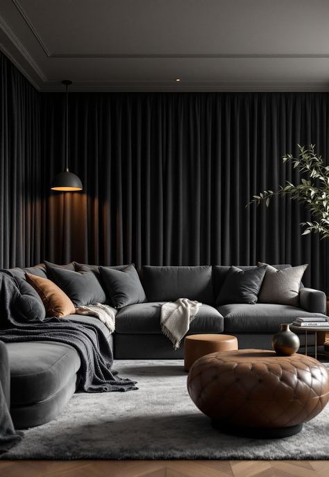 Dark Grey Couch Living Room Black Wall Grey Couch, Dark Grey Cloud Couch, What Color Rug With Dark Gray Couch, Charcoal Grey Living Room Ideas, Adding Warmth To A Grey Room, Dark Grey Couch Living Room Rugs, Charcoal Grey Sofa Living Room Ideas, Dark And Cozy Living Room, Dark Lounge Room Ideas