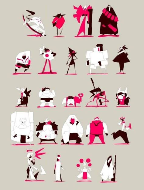 Character Variations Concept Art, Shapes In Character Design, Simple Shape Character Design, Triangle Shape Character Design, Triangle Shape Language Character Design, Shape Language Character Design Concept Art, Character Silhouettes Concept, Asymmetrical Character Design, Character Design Thumbnails