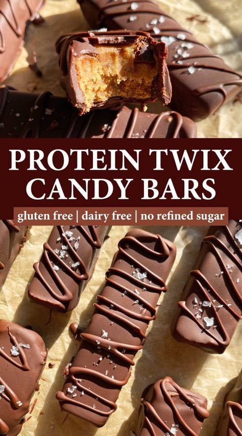 These protein twix bars have a protein shortbread crust that's topped with a date caramel and then dipped in dark chocolate. This twix protein bar recipe is paleo, gluten free, dairy free, vegan and no bake. The ultimate healthy dessert recipe! Gluten Free Twix, Healthy Protein Desserts, Twix Bars, Date Caramel, Vegan Protein Bars, High Protein Desserts, Gluten Free Protein, Protein Bar Recipes, Protein Treats