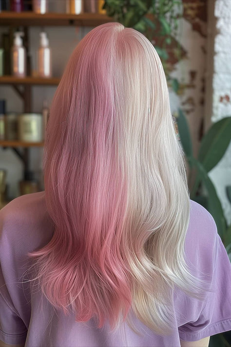 Gemini split hair dye in baby pink and blonde 2 Toned Blonde Hair, Blond And Pink Hair, Gemini Hairstyles, Split Hair Dye, Pink And Blonde Hair, Hair Dye Trends, Two Tone Hair Color, Baby Pink Hair, Gemini Hair