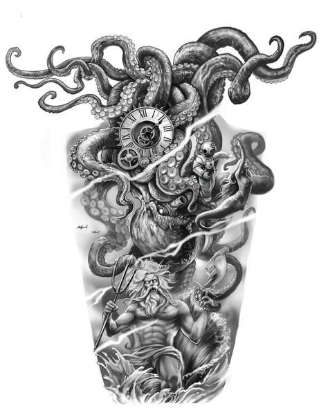 Kraken Poseidon fullsleeve | 99designs Posiden And Zues Tattoo, Posiden Tattoo Sleeve, Posiden Tattoo Design, Sea Sleeve Tattoo, Sea Monster Tattoo, Poseidon Tattoo Design, Sea Tattoo Sleeve, Ship Tattoo Sleeves, Nautical Tattoo Sleeve