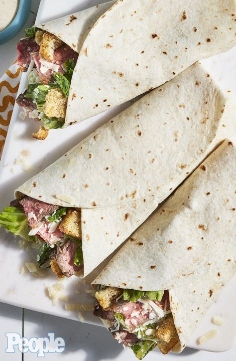 Robin Miller's Steak Caesar Salad Wraps 'Deliver Everything You Crave in One Bite' Ceaser Salad Wraps, Steak Caesar Salad, Caesar Salad Wrap Vegetarian, Steak Wraps Recipes, Chicken Cesear Salad Wraps, Chicken Ceasar Wrap Meal Prep, Easy Chicken Ceasar Salad Wraps, Caesar Salad Wrap, Steak Wraps