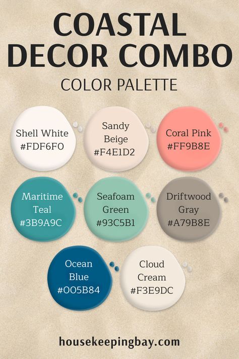 Coastal Decor Combo – Color Palette Coastal Color Palettes, Beach Color Palettes, Coastal Paint Colors, Coastal Paint, Beach House Colors, Coastal Color Palette, Beach Themed Bedroom, House Color Palettes, Sherwin Williams Paint Colors