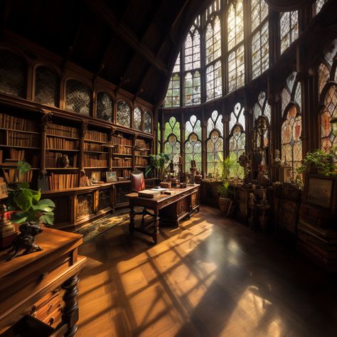 An AI generated photo showcasing medeival styled stained glass windows in a library office with plants and bright light. Library Waiting Room Shifting, Library Stained Glass Windows, Sunny Library Aesthetic, Library In Mansion, Library With Big Windows, Houses With Stained Glass Windows, Large Library Aesthetic, Light Academia House Aesthetic, Huge Library In House