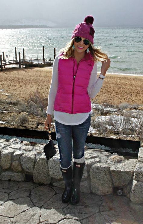 Pink Vest Outfit, Hunter Rings, Rings Pretty, Quiet House, Puffer Vest Outfit, Memphis Belle, Hunter Boots Outfit, Flannel Vest, Pink North Face