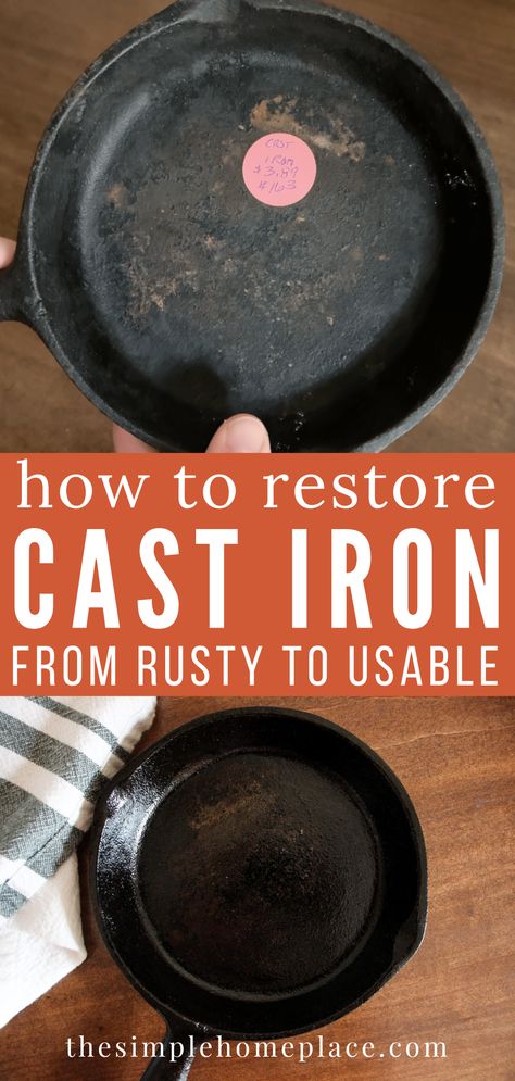 How to Restore Cast Iron from Rusty to Usable - The Simple Homeplace Cast Iron Cookware Display, Cleaning Rusty Cast Iron, Rusty Cast Iron Skillet, Amish Bread Recipes, Restore Cast Iron, Cleaning Cast Iron Skillet, Cast Iron Pizza, Cast Iron Cleaning, Natural Cleaning Recipes