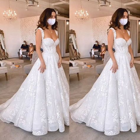 Elegant Wedding Dresses Sweetheart Neck White Ivory Lace Appliques Sweep Train -  #Appliques #Dresses #Elegant #Ivory #Lace #Neck #Sweep #Sweetheart #Train #Wedding #White Wedding Dresses Sweetheart, Elegant Wedding Dresses, Timeless Wedding Dress, White Spaghetti, Fairy Tale Wedding Dress, Tulle Homecoming Dress, Pretty Wedding Dresses, Wedding Dresses With Straps, Sweetheart Wedding Dress