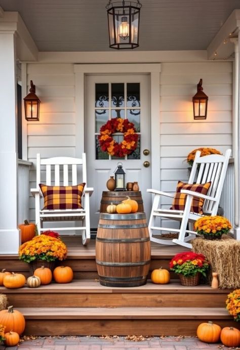 15 Best Small Front Porch Fall Decorating Ideas for Warmth & Style Small Front Porch Ideas With Bench, Narrow Front Porch Ideas, Farmhouse Front Porch Ideas, Porch Fall Decorating Ideas, Front Porch Railings, Farmhouse Front Porches, Small Front Porches, Fall Front Porch Decor, Porch Railing