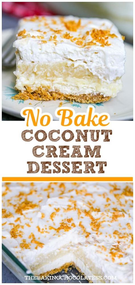 With this No Bake Layered Coconut Cream Dessert, you can whip up this delicious and simple treat in no time. With layers of graham cracker crust, cream cheese filling, coconut cream pudding, whipped cream and toasted coconut, this delectable dessert is sure to delight! Coconut Cream Pudding, Coconut Cream Dessert, Graham Dessert, Pudding Whipped Cream, Whipped Cream Topping, Coconut Cream Pie Recipes, Homemade Banana Pudding, Layered Dessert, Cream Custard