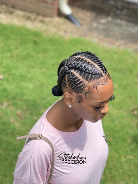 Feedin Cornrows With Design, 2 Lines Hairstyle For Black Women, Crisscross Feed In Braids, Four Feedin Braids Styles, Braids To Back With Bun, 4 Cornrows Braids For Black Women, Cornrow Buns For Black Hair, Crisscross Cornrows, Corn Row Braids Black Women Cornrows Hairstyles