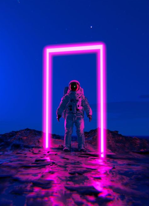 Astronaut travels through pink neon portal on a planet. Neon Space Aesthetic, Cyberpunk Office, Futuristic Astronaut, Neon Astronaut, Space Portal, Cyberpunk Theme, Portal Logo, Neon Space, Neon Art Print