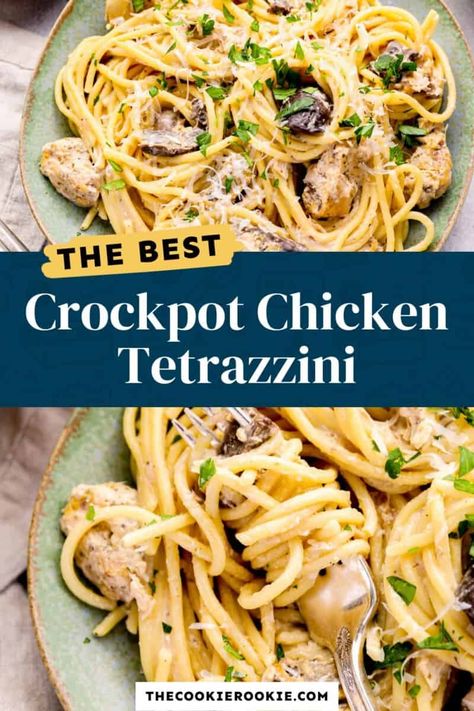 Crockpot Chicken Tetrazzini, Dorm Meals, Oven Dinners, Best Crockpot Chicken, Chicken Tetrazzini Recipes, Creamy Chicken Pasta Recipes, Slow Cooker Creamy Chicken, Chicken Mushrooms, Chicken Tetrazzini