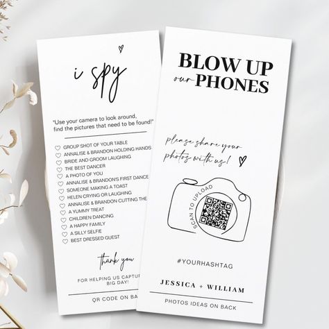 Blow up phones I spy wedding game card Wedding Instagram Scavenger Hunt, Fun Wedding Activity Ideas, Guest Interaction Wedding, Wedding Fun Activities For Guests, Wedding Games Printable, Simple Wedding Games, Wedding Reception Table Games, Wedding Scavenger Hunt Photos, Unique Things For Wedding