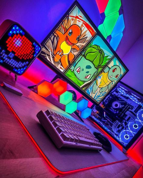 Gaming Setup Pokemon, Pokemon Desk Setup, Pokemon Pc Setup, Pokemon Gaming Setup, Pokemon Setup, Gamergirl Setup, Gaming Room Ideas, Pokemon Decor, Starter Pokemon