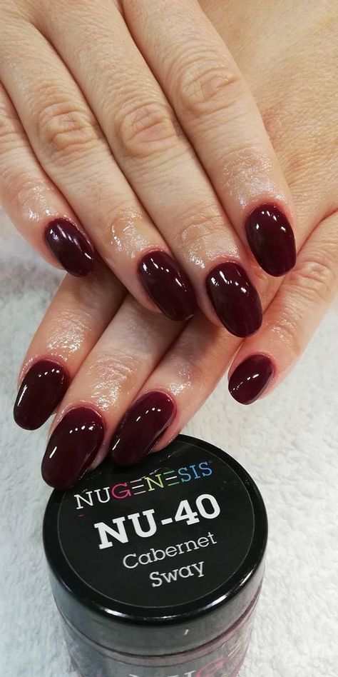 Dark Wine Nail Dip, Dip Nails Wine Color, Dark Red Powder Dipped Nails, Sns Dark Colors, Opi Dip Powder Colors Dark Red, Dark Color Dip Powder Nails, Wine Colored Dip Nails, Deep Red Dip Nails, Nugenesis Fall Dipping Powder Colors