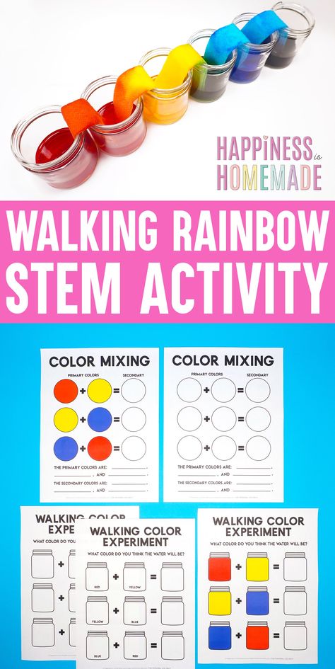 Walking Rainbow STEM Activity for Kids: a simple science experiment that includes colorful science lessons for kids of all ages! Plus, get 16+ Bonus FREE printable STEM activities and worksheets! Pre K Stem Activities, Easy Stem Activities Elementary, Rainbow Worksheet, Rainbow Stem, Lego Stem Challenge, Steam Activities Elementary, Storybook Village, Stem Activity For Kids, Rainbow Lessons