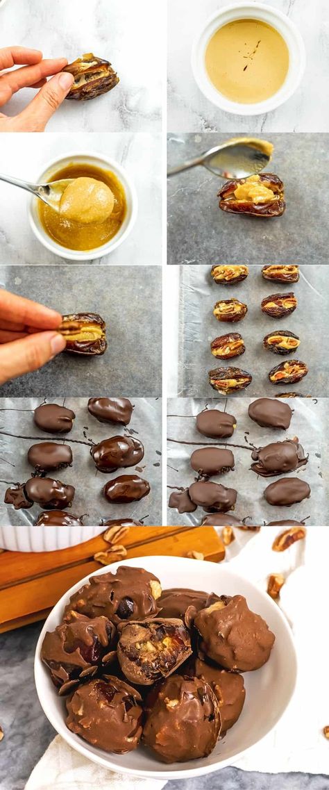 Chocolate covered peanut butter stuffed dates - vegan, dairy free, gluten free, simple - these chocolate covered dates are the perfect quick snack that is easy to make and perfect for afternoon sweet indulgences. Great for meal prep and can easily be stored in the fridge or freezer. Stuffed Dates Peanut Butter, Peanut Butter Chocolate Dipped Dates, Dates Pecans Chocolate, Chocolate Cover Dates, Dates Dipped In Chocolate, Dates And Peanut Butter Healthy Snacks, Peanut Butter Chocolate Dates, Peanut Butter Filled Dates, Chocolate Peanut Butter Dates