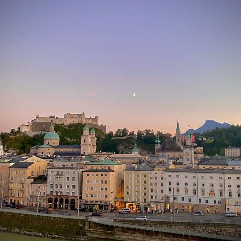 a view of Salzburg from a restaurant rooftop Salzburg Austria Aesthetic Winter, Salzburg Austria Aesthetic, Vienna Austria Aesthetic, Austria Aesthetic, Moon Scenery, Rapunzel Movie, Germany Aesthetic, Scenery Aesthetic, Barbie Rapunzel