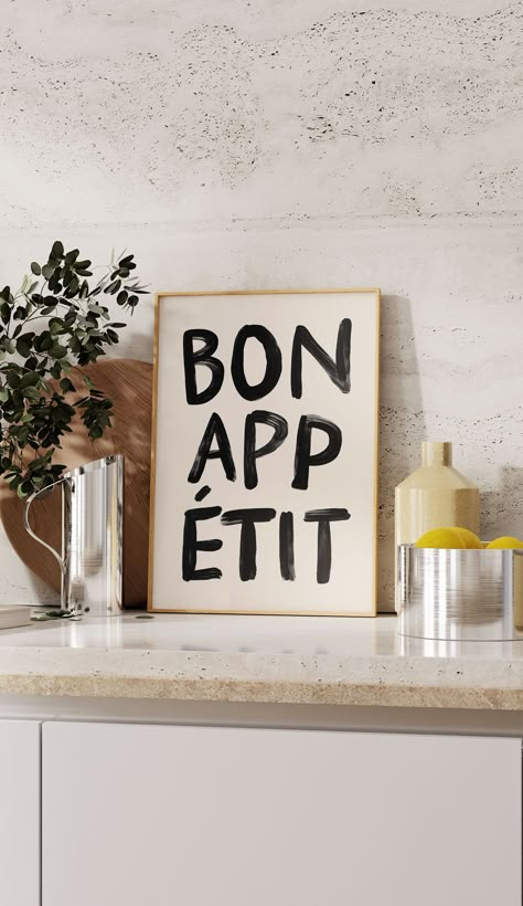 Bon Appétit hand written Typography Poster Print Aesthetic Kitchen Wall Art, Scrap Stickers, Kitchen Sayings, Poster Cafe, Food Prints, Kitchen Gallery Wall, French Quote, Cafe Wall Art, Digital Food