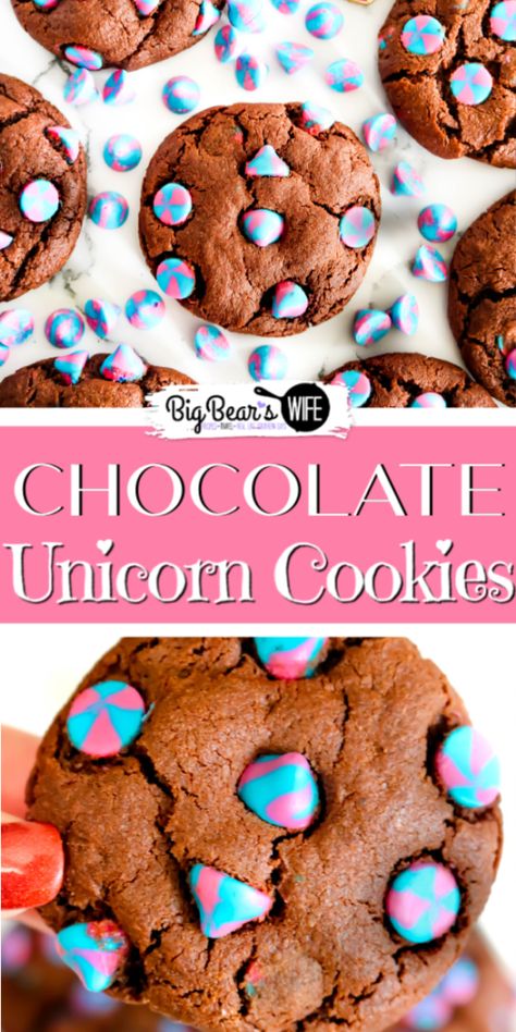 Chocolate Unicorn Cookies - If you have someone in your life that loves Unicorns you need to bake them up a batch of these Chocolate Unicorn Cookies! They're delicious and packed with the prettiest Unicorn Pink Vanilla Chip Cookies, Colourful Chocolates, Peanut Butter Chex Mix, Empire Cookies, Unicorn Ideas, Children Cooking, Sugary Treats, Unicorn Food, Crackle Cookies