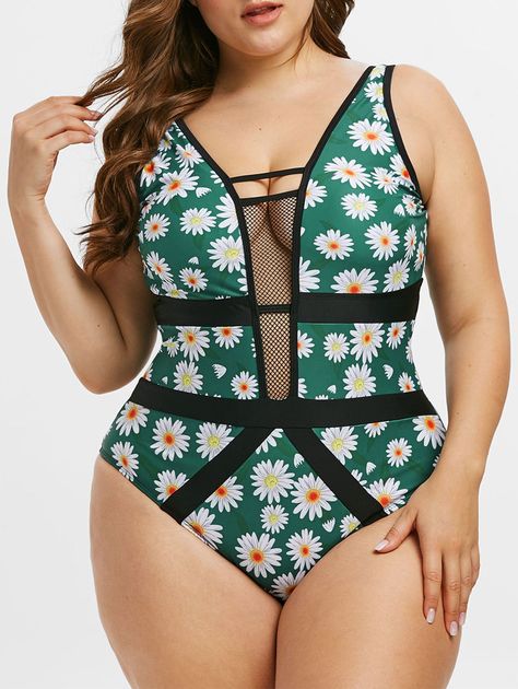 Plus Size Fishnet Insert Daisy Print One-piece Swimsuit #Ad , #ad, #Insert, #Fishnet, #Size, #Daisy, #Swimsuit Lace Swimsuit, Cheap Swimwear, Plus Size Tankini, Swimming Suits, Plus Size One Piece, Printed Tankini, Plus Size Swim, One Piece Bathing Suit, Swimwear Brands