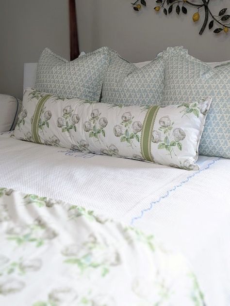 Want it just like you've seen us create it? We love that idea! These combinations are ones that we have tested and are approved by us (and by you all as well, as these are typically our best sellers). Featured is Bowood Chintz in Silver & Leaf with Green tape stripes on the front, self welt, and a solid neutral bac Blue Green Bedrooms, Green And White Bedroom, Custom Tape, Green Duvet, Green Duvet Covers, Nursery Room Boy, Pillow Arrangement, Old Room, Green Rooms