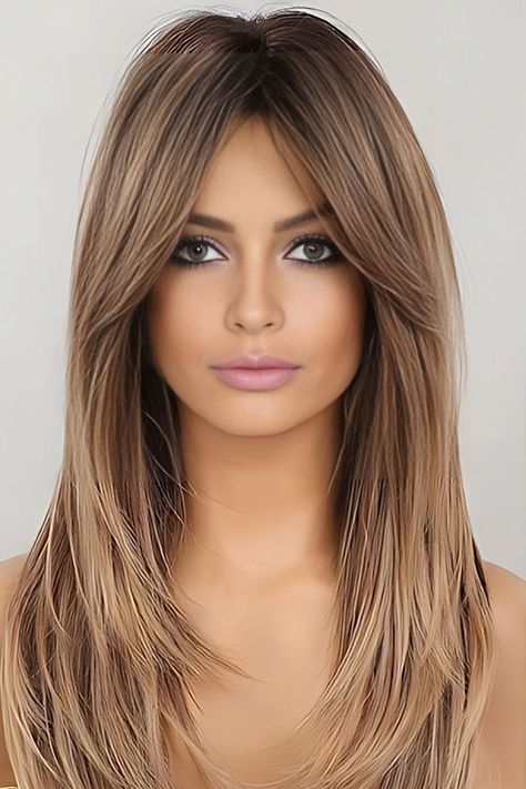 Round Face Haircut For Long Straight Hair More Layers Haircut, Straight Layer Haircut, Long Straight Hair Round Face, Butterfly Haircut Long Straight Hair, Front Layers For Long Hair, Shorter Bangs Long Hair, Layered Hair Cuts With Curtain Bangs, Long Parted Bangs, Long Hairstyles With Layers And Curtain Bangs