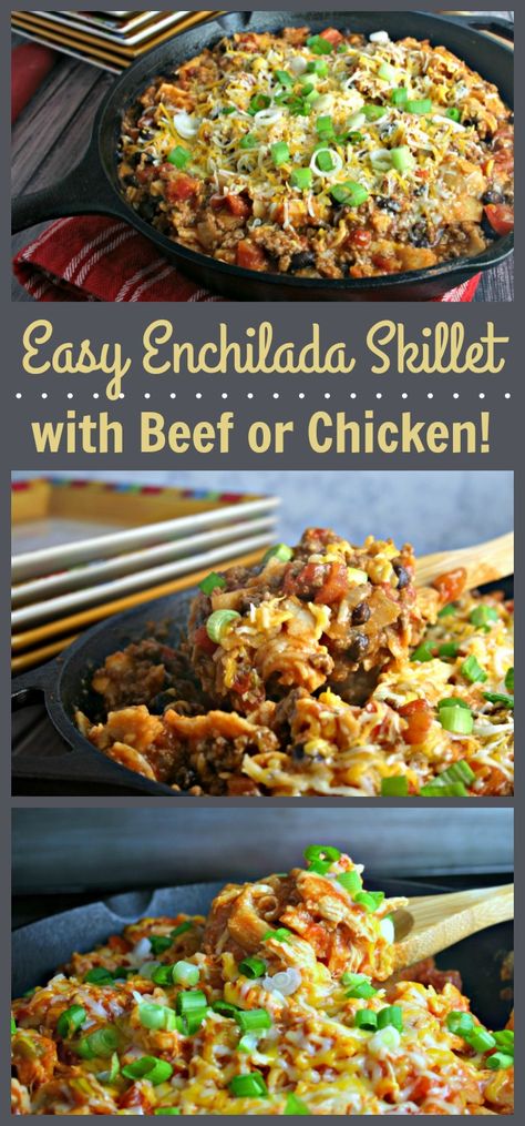 You'll love this versatile enchilada skillet recipe that can be made with chicken or beef! Enchilada Skillet Recipe, Mexican Dinners, Enchilada Skillet, Chicken Enchilada Skillet, Easy Beef Enchiladas, Potluck Ideas, Easy Enchiladas, Skillet Recipes, Simple Meals